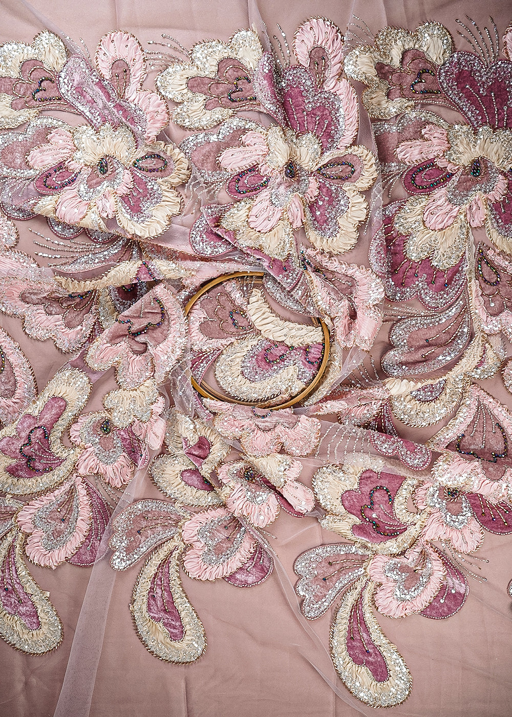 Onion Pink Imported Net Fabric With All Over Sequins, Katdana, Bead, Ribbon Work And Valvet Patch Work 24981