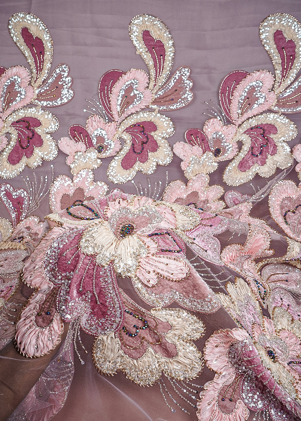 Onion Pink Imported Net Fabric With All Over Sequins, Katdana, Bead, Ribbon Work And Valvet Patch Work 24981
