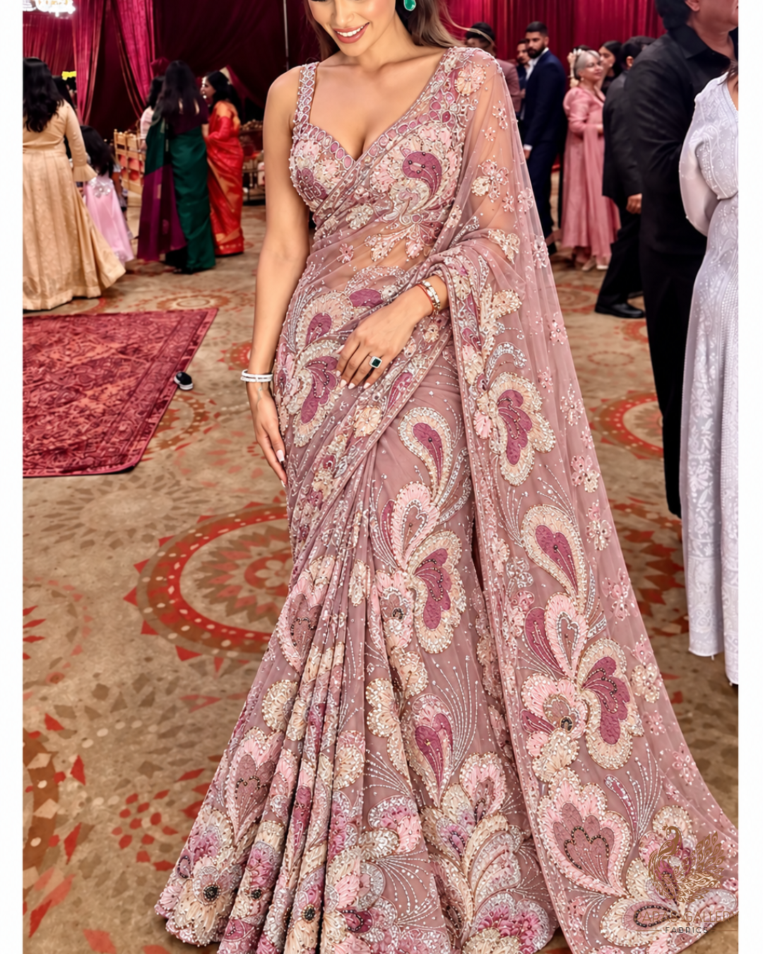 Onion Pink Imported Net Fabric With All Over Sequins, Katdana, Bead, Ribbon Work And Velvet Patch Work 24981