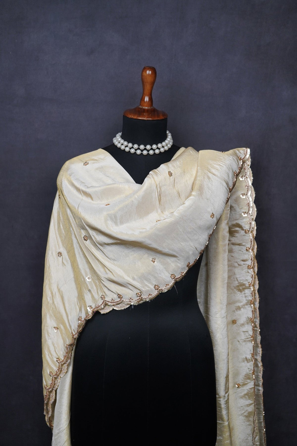 Golden Dyeable Tissue Dupatta All Over Zari, Sequins And Katdana Work 24993