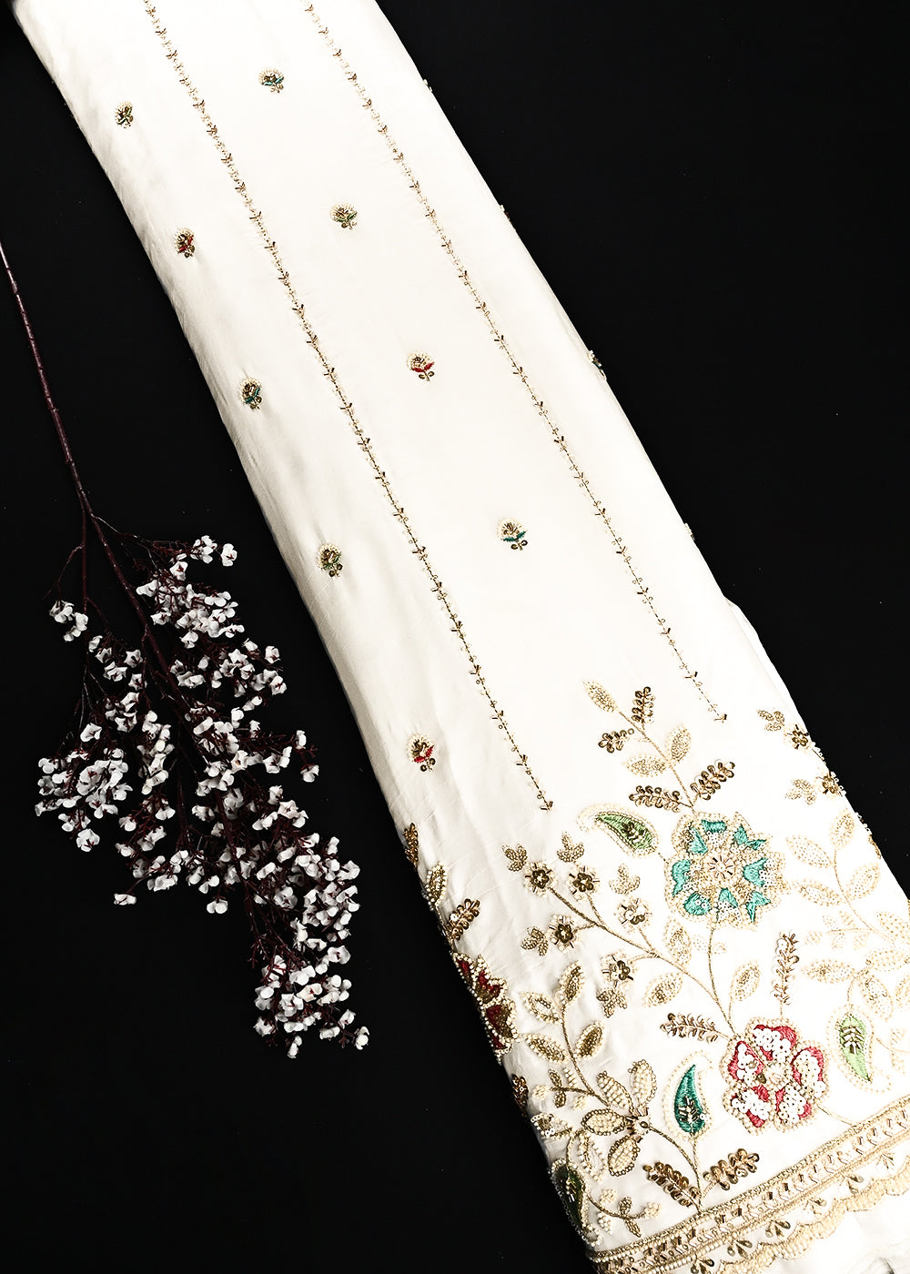 White Dyeable Organza Fabric With All Over Thread, Zari, Sequins And Katdana Work With One Side Border 24994