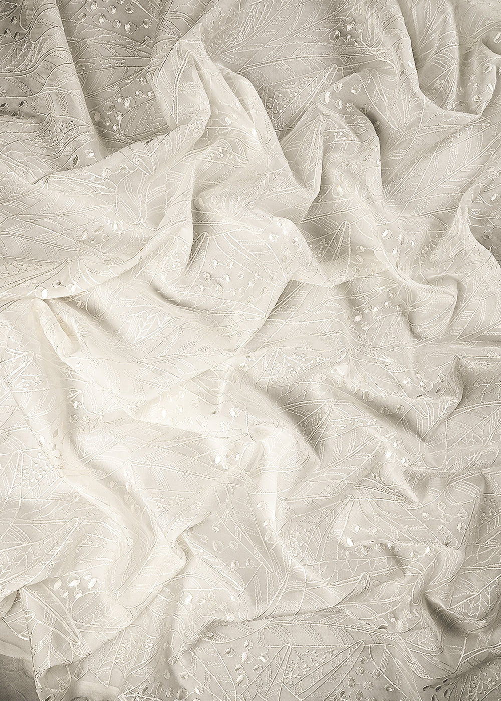 White Dyeable Organza Fabric With All Over Thread Work 24995