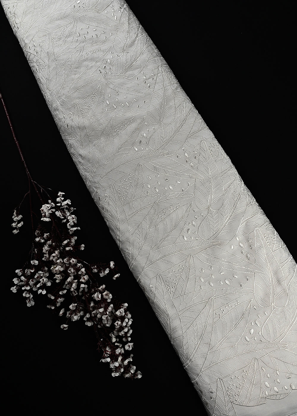 White Dyeable Organza Fabric With All Over Thread Work 24995