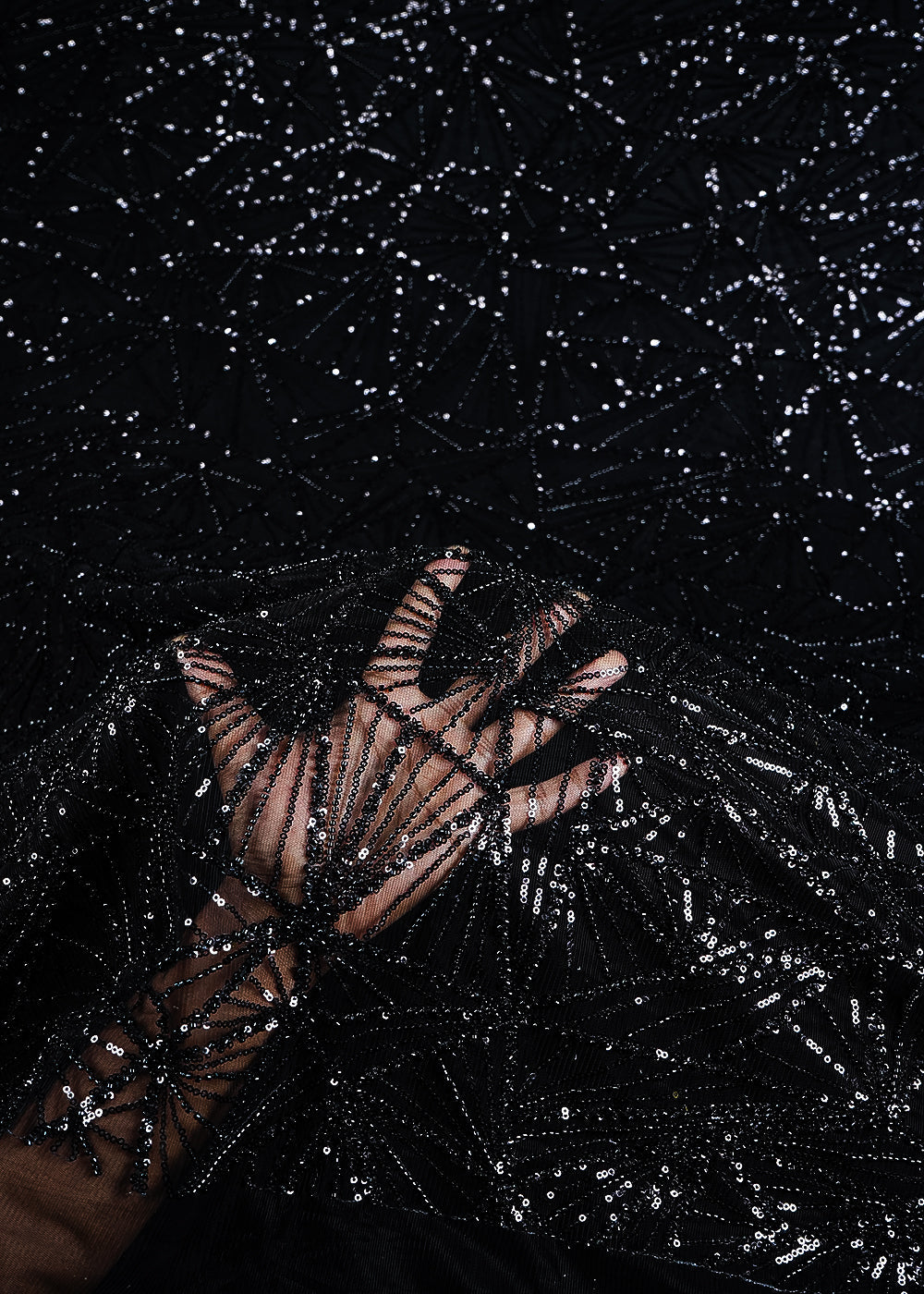 Black Imported Net Fabric With All Over Sequins And Katdana Work 24997
