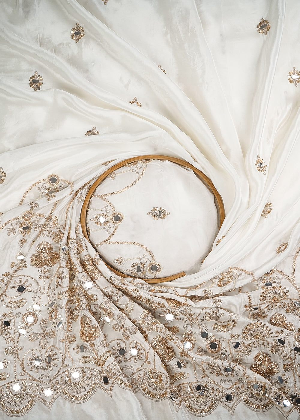 White Dyeable Crepe Fabric With All Over Zari, Sequins, Katdana And Faux Mirror Work One Side Border 24999