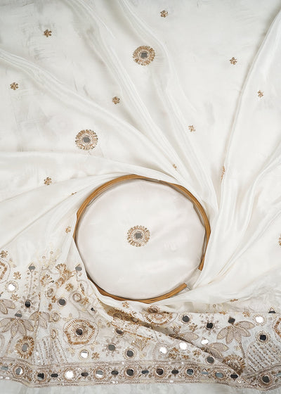 White Dyeable Crepe Fabric With All Over Zari, Sequins, Katdana And Faux Mirror Work One Side Border 25000