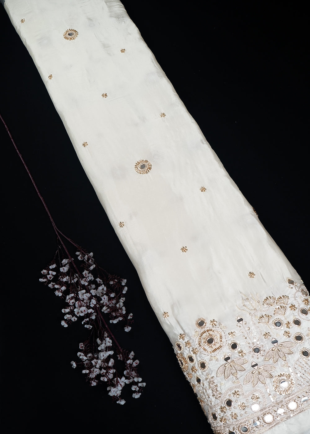 White Dyeable Crepe Fabric With All Over Zari, Sequins, Katdana And Faux Mirror Work One Side Border 25000