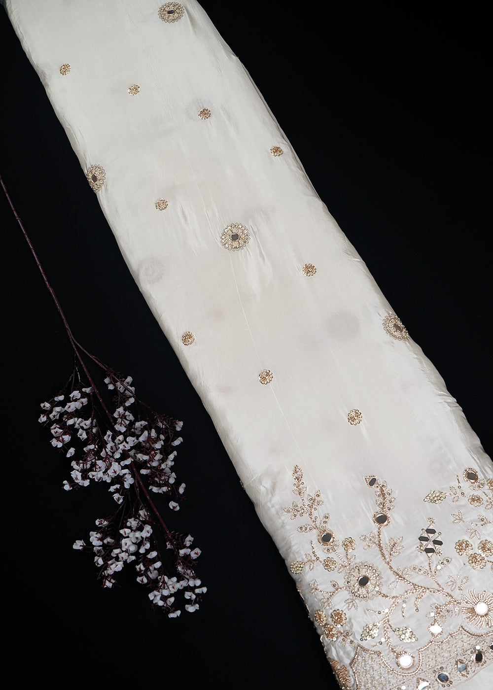White Dyeable Crepe Fabric With All Over Zari, Sequins, Katdana And Faux Mirror Work One Side Border 25001