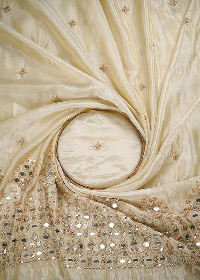 Golden Dyeable Tissue Fabric With All Over Zari, Sequins, Katdana, Bead And Faux Mirror Work With One Side Heavy Border 25002