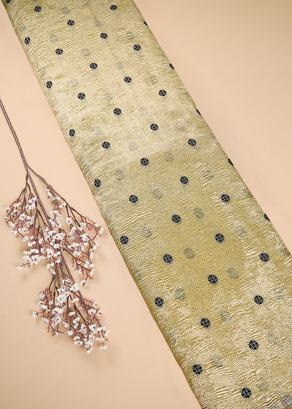 Golden Crushed Tissue Fabric With All Over Buti Of Black Thread Handloom 25010