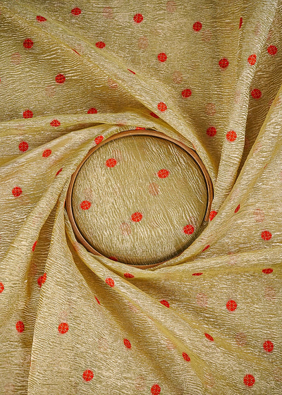 Golden Crushed Tissue Fabric With All Over Buti Of Orange Thread Handloom 25011