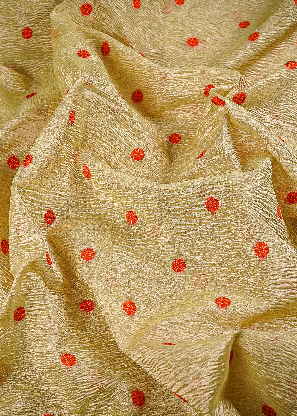 Golden Crushed Tissue Fabric With All Over Buti Of Orange Thread Handloom 25011