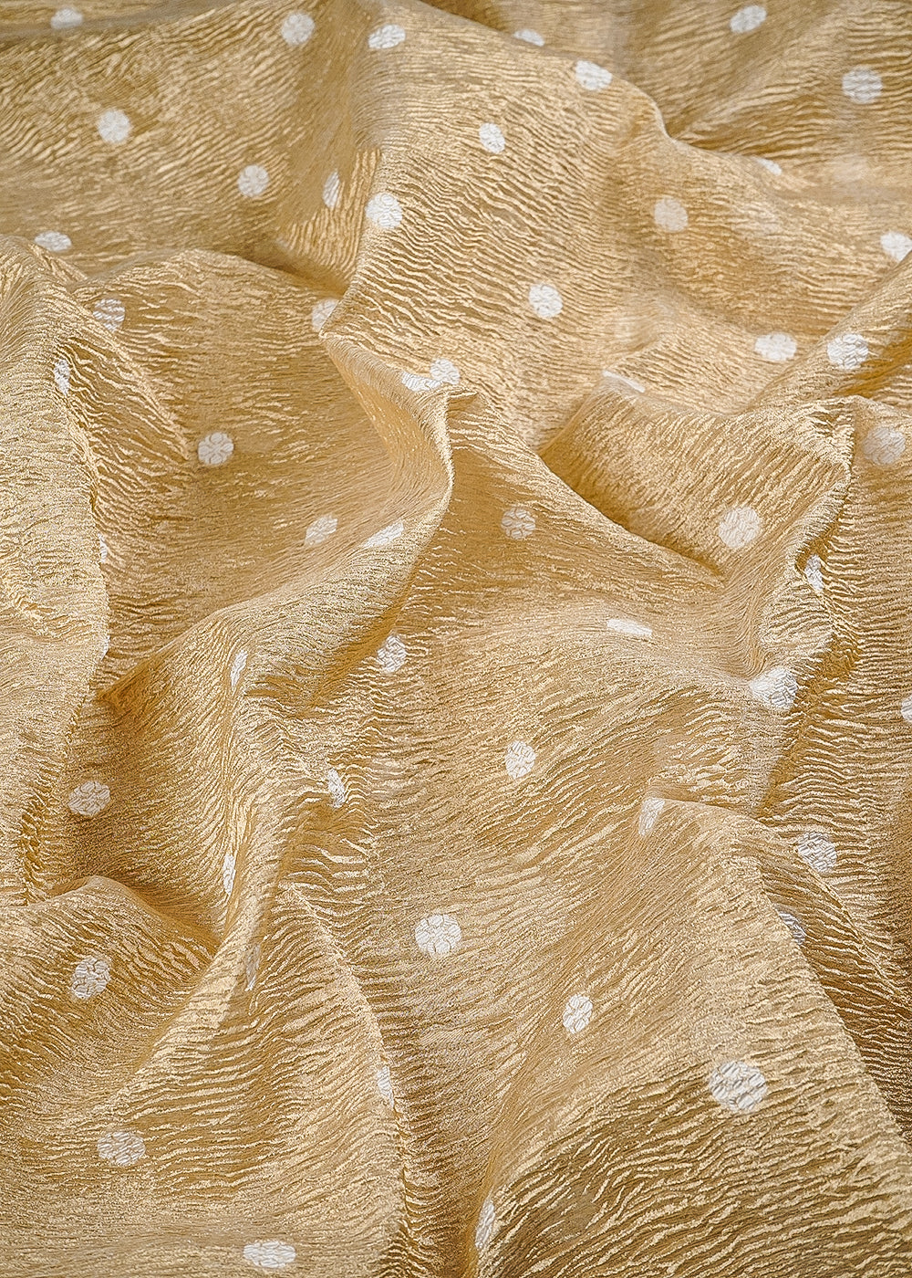 Golden Crushed Tissue Fabric With All Over Buti Of White Thread Handloom 25013