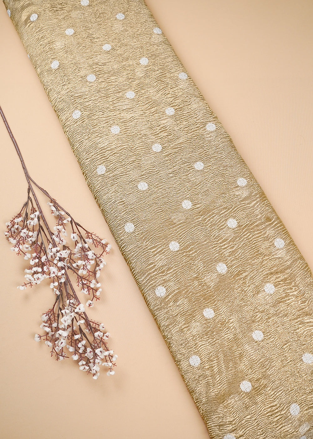 Golden Crushed Tissue Fabric With All Over Buti Of White Thread Handloom 25013