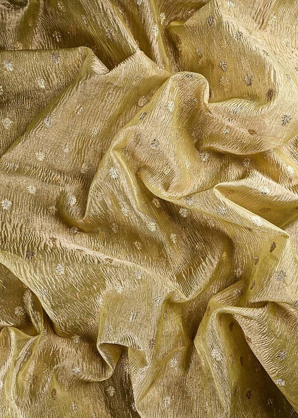 Golden Crushed Tissue Fabric With All Over Zari Handloom 25014