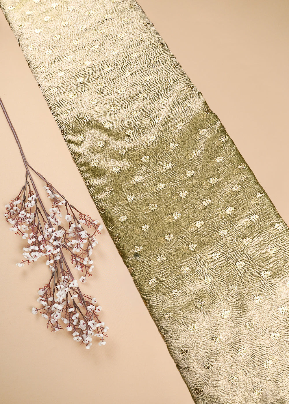 Golden Crushed Tissue Fabric With All Over Zari Handloom 25014