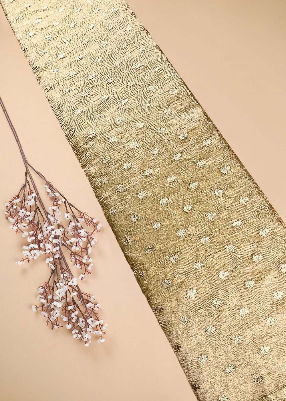 Golden Crushed Tissue Fabric With All Over Zari Handloom 25016