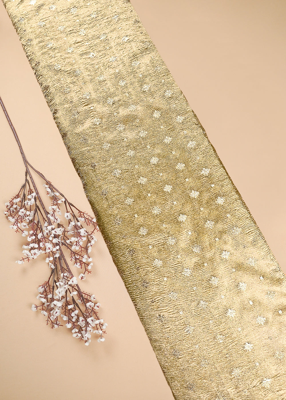 Golden Crushed Tissue Fabric With All Over Zari Handloom 25018