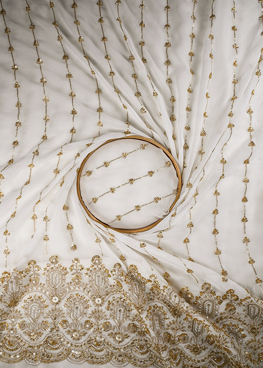 White Dyeable Georgette Fabric With All Over Zari, Sequins And Katdana Work With One Side Heavy Border 25060