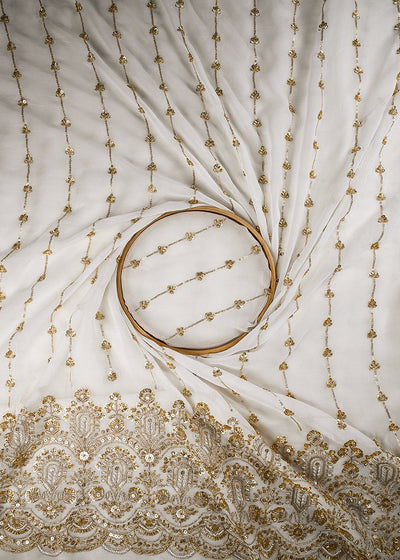 White Dyeable Georgette Fabric With All Over Zari, Sequins And Katdana Work With One Side Heavy Border 25060