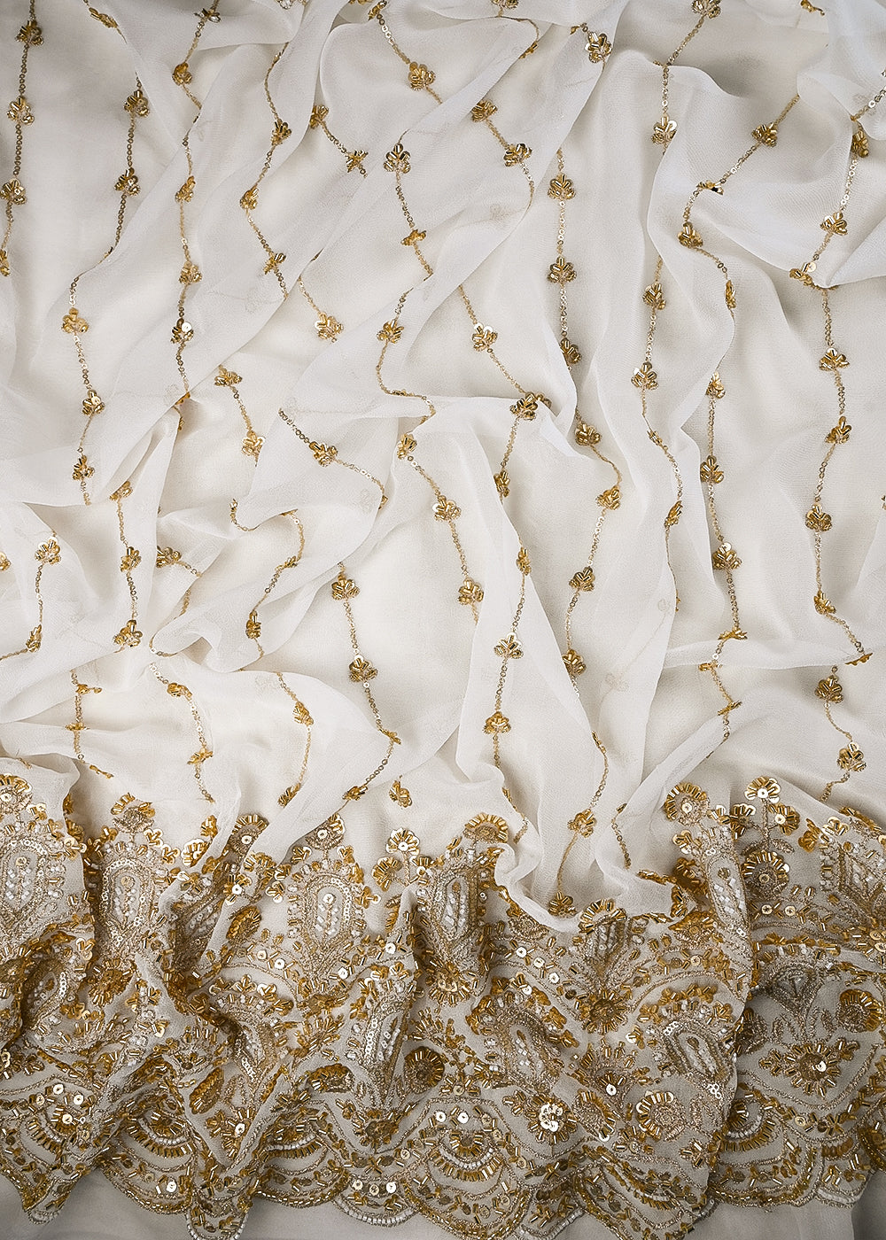 White Dyeable Georgette Fabric With All Over Zari, Sequins And Katdana Work With One Side Heavy Border 25060
