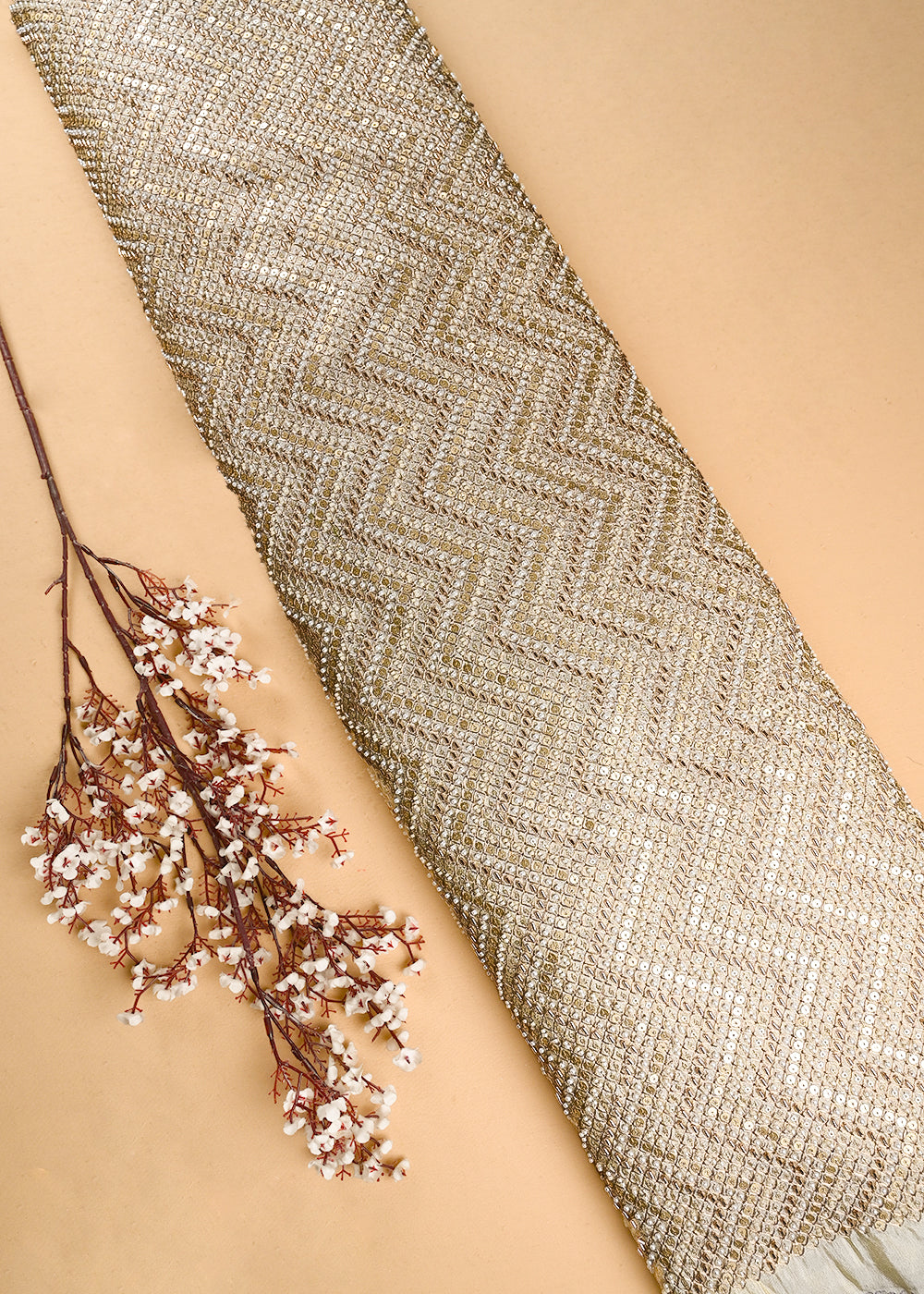 Golden Dyeable Tissue Fabric With All Over Zari, Sequins, Katdana And Bead Work 25061