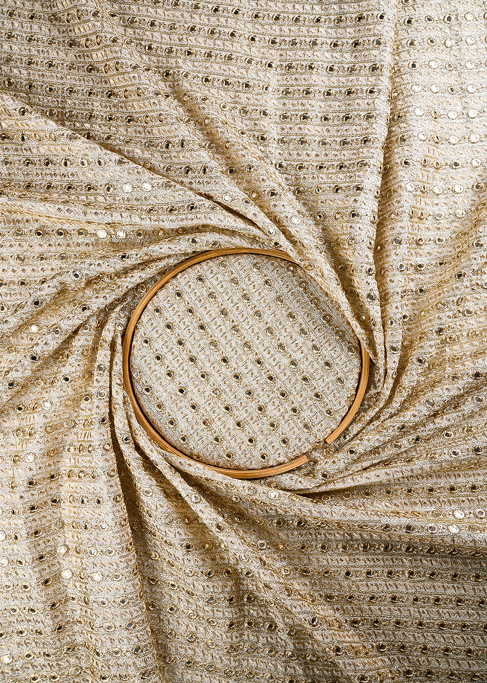White Dyeable Georgette Fabric With All Over Zari And Faux Mirror Work 25063