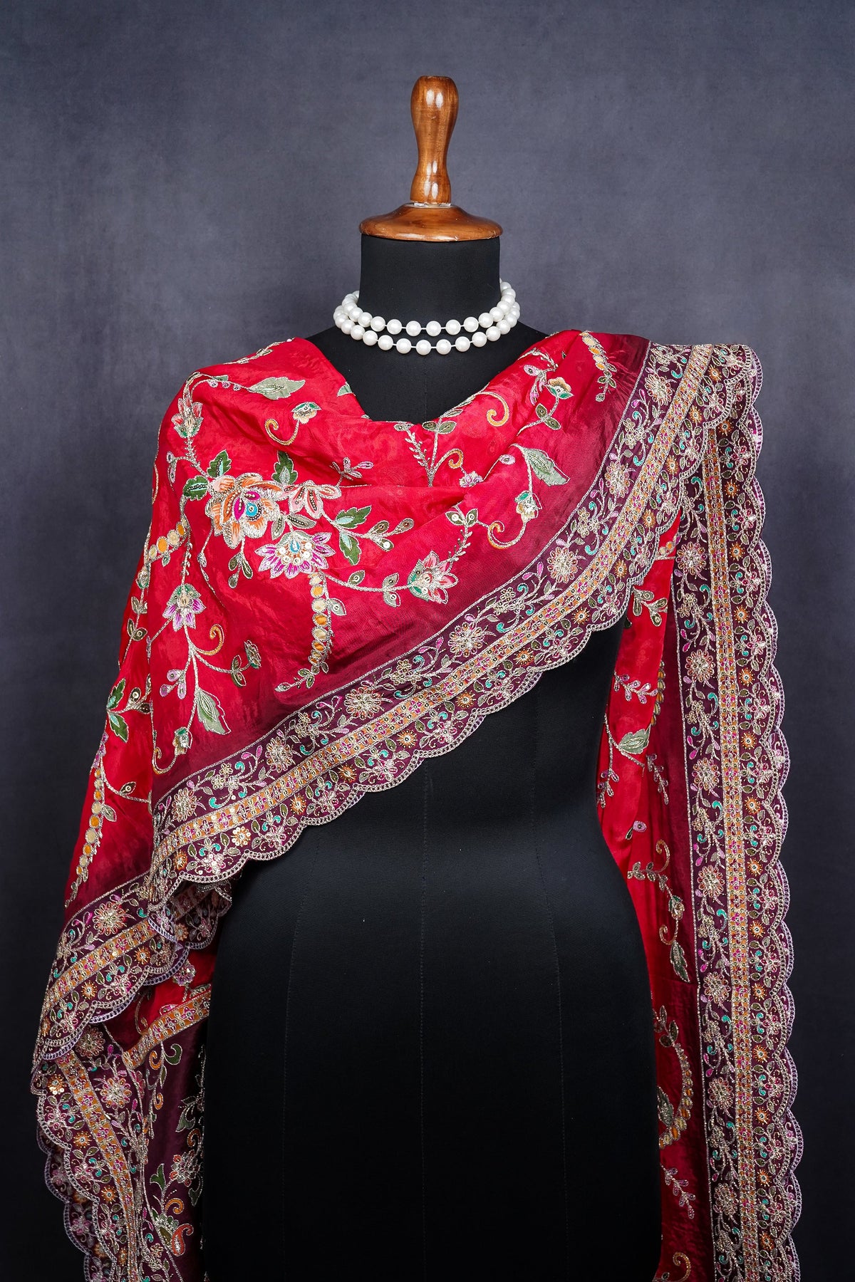 Red Crepe Dupatta All Over Zari And Sequins Work 25069
