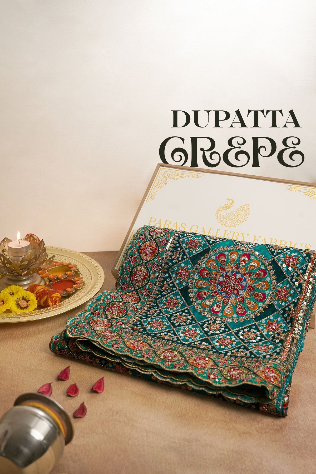 Teal Green Crepe Dupatta All Over Zari And Sequins Work 25074