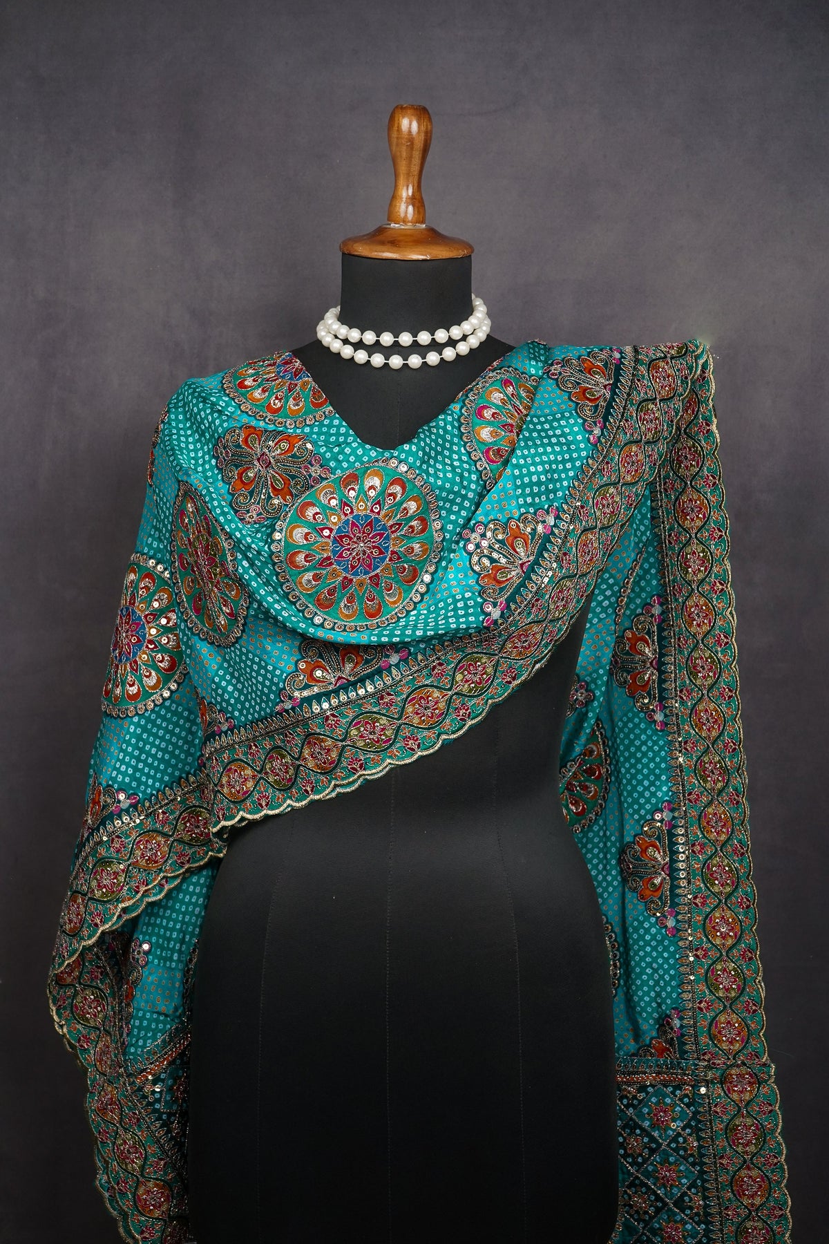 Teal Green Crepe Dupatta All Over Zari And Sequins Work 25074