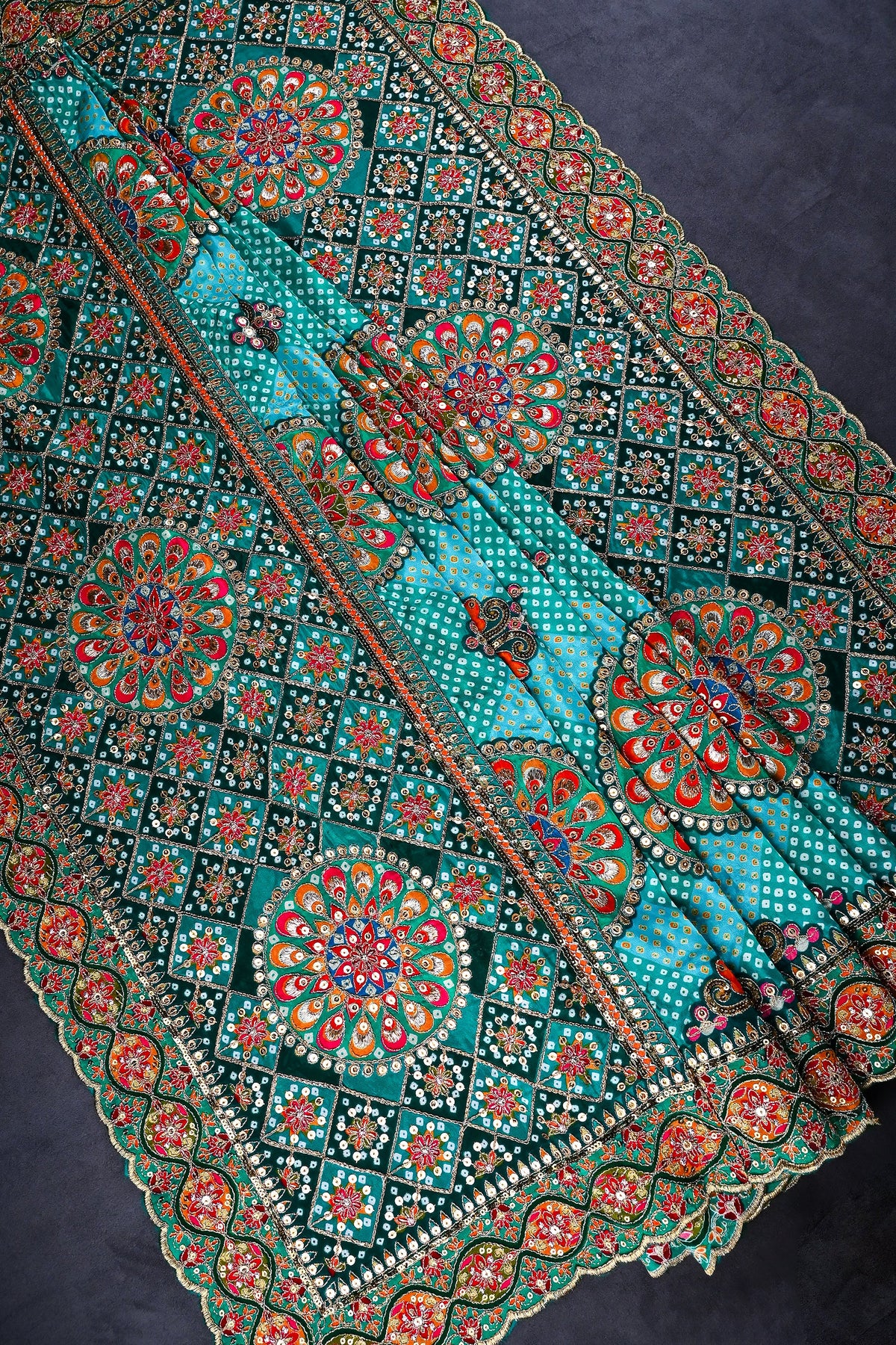 Teal Green Crepe Dupatta All Over Zari And Sequins Work 25074