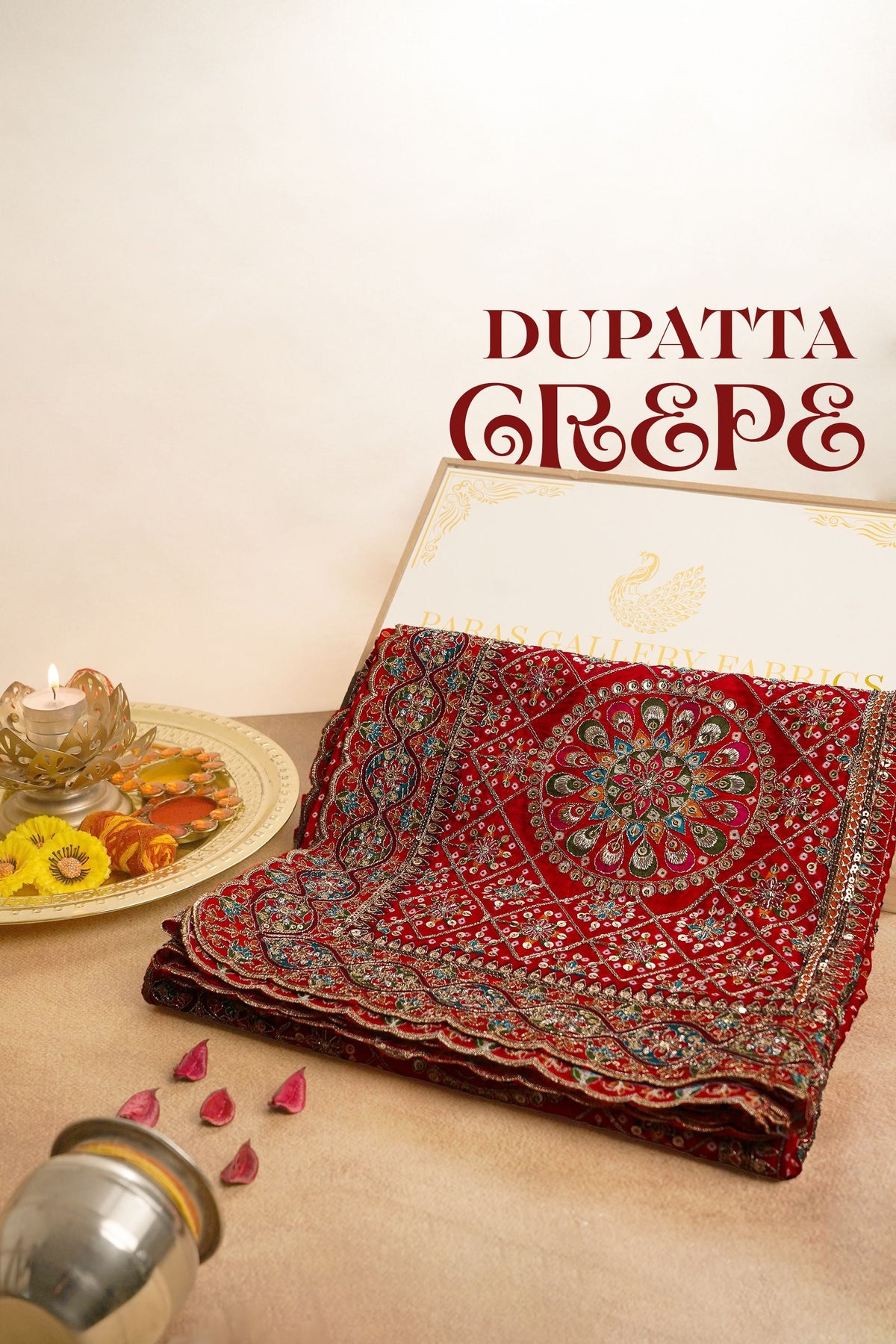 Red Crepe Dupatta All Over Zari And Sequins Work 25078
