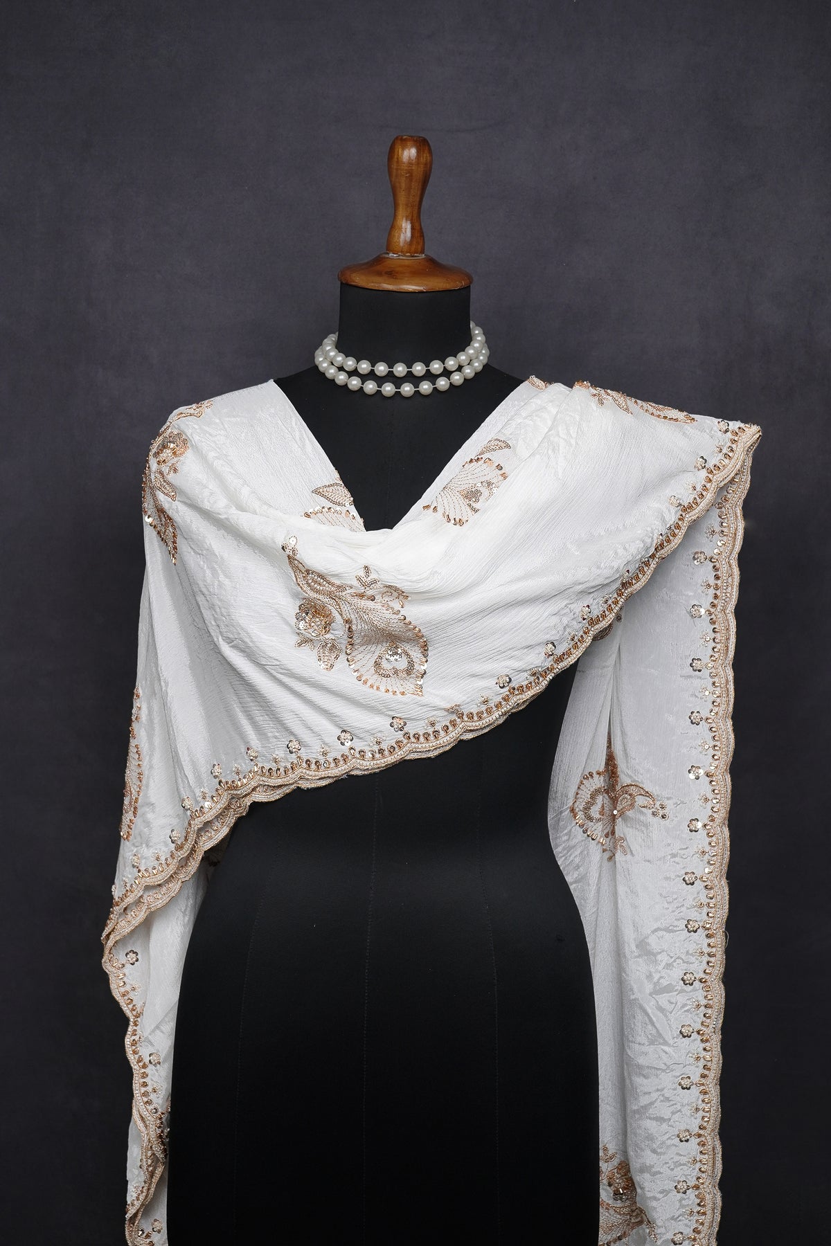 White Dyeable Chinon Chiffon Dupatta All Over Zari, Sequins And Katdana Work 25081