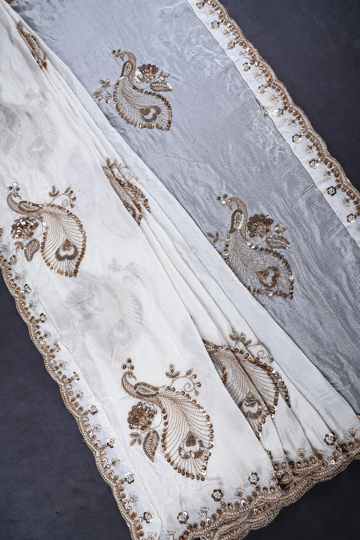 White Dyeable Chinon Chiffon Dupatta All Over Zari, Sequins And Katdana Work 25081