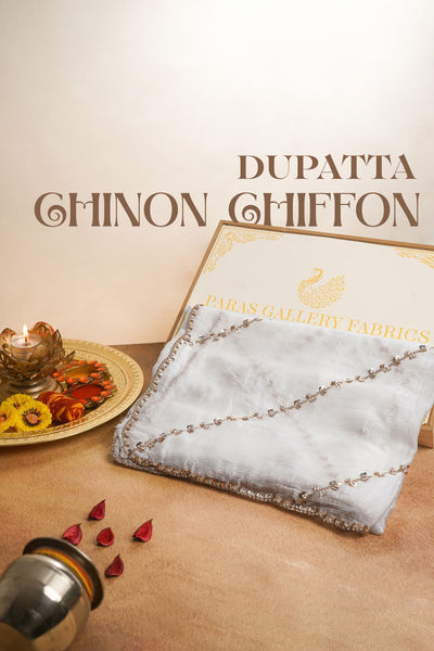 White Dyeable Chinon Chiffon Dupatta All Over Sequins And Katdana Work 25082
