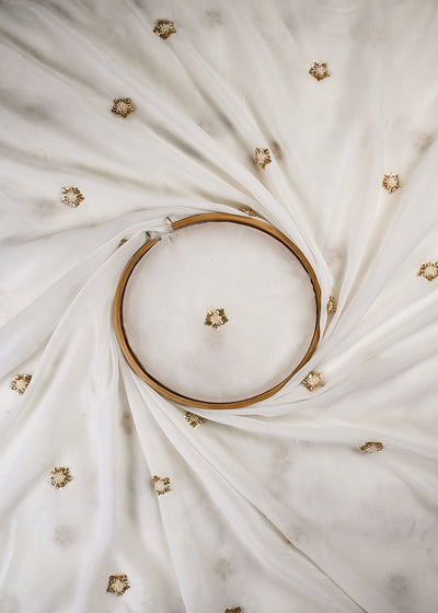 White Dyeable Georgette Fabric With All Over Buti Of Sequins And Katdana Work 25112