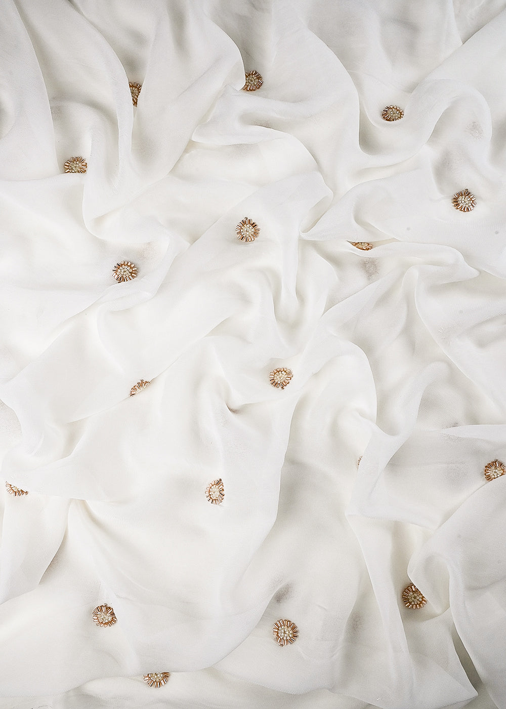 White Dyeable Georgette Fabric With All Over Buti Of Katdana Work 25113