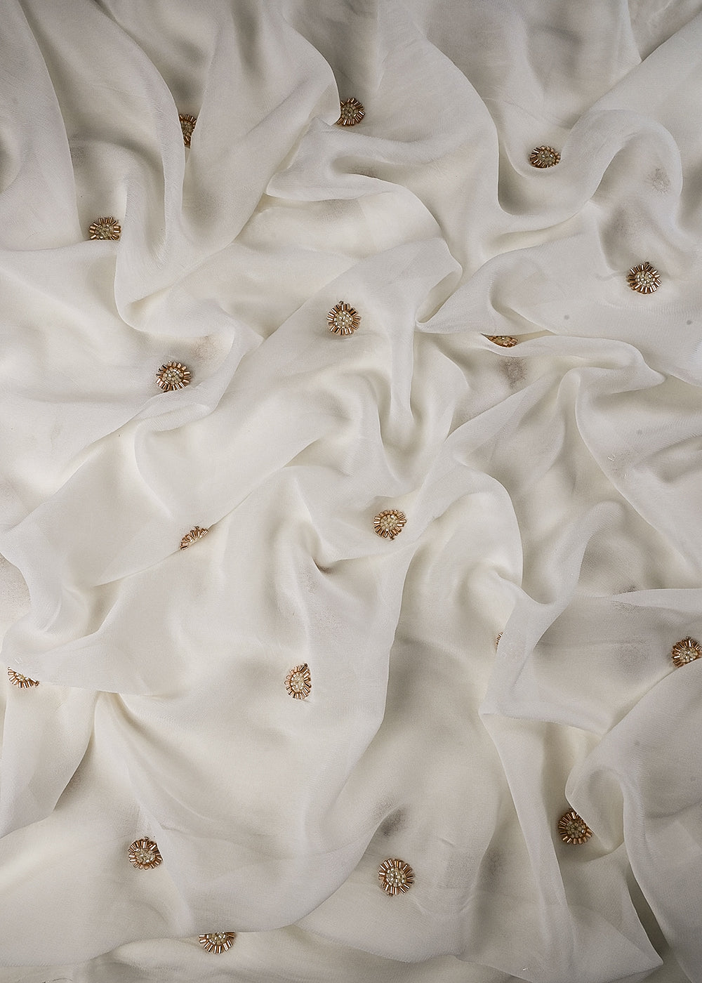 White Dyeable Georgette Fabric With All Over Buti Of Katdana Work 25113