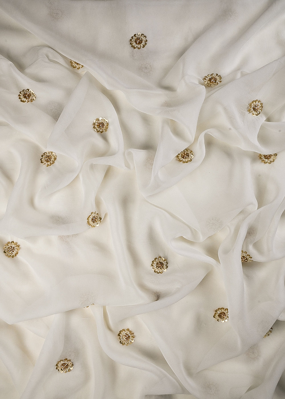 White Dyeable Georgette Fabric With All Over Buti Of Sequins And Katdana Work 25116