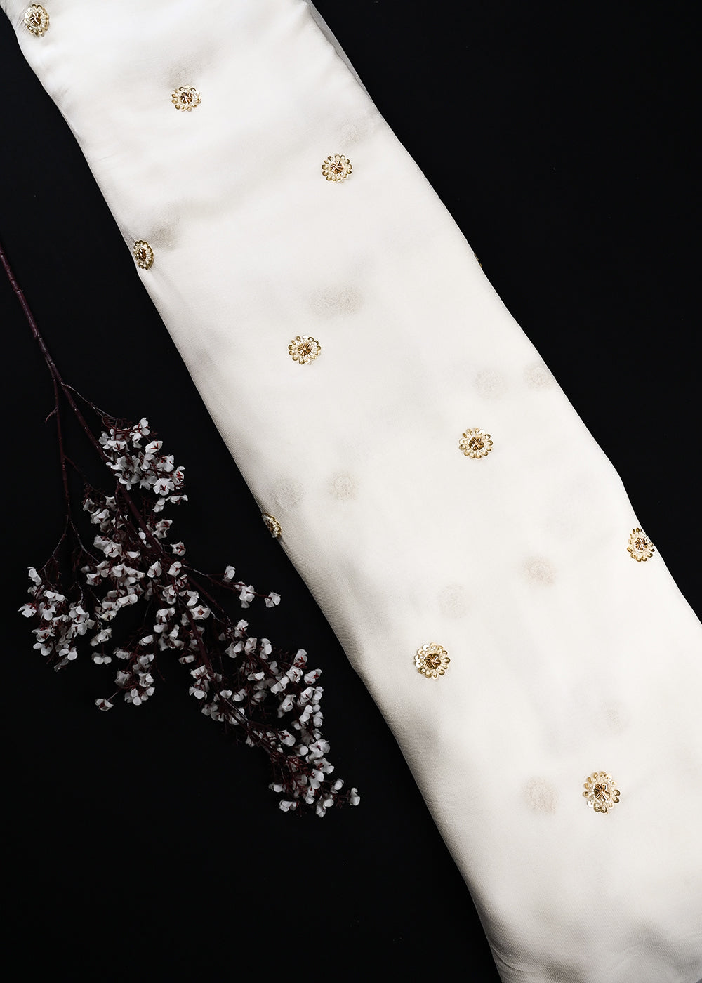 White Dyeable Georgette Fabric With All Over Buti Of Sequins And Katdana Work 25116