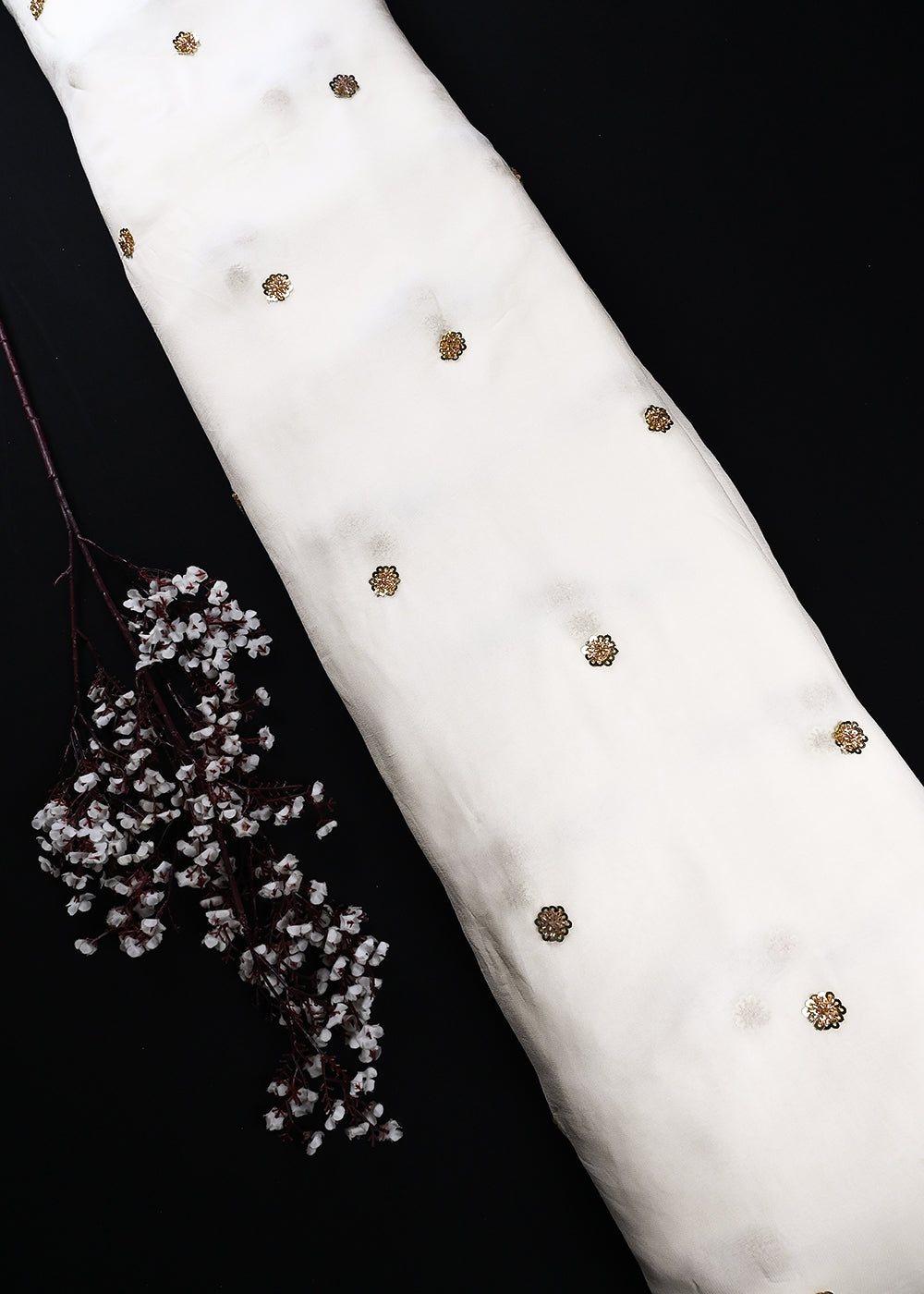 White Dyeable Georgette Fabric With All Over Buti Of Sequins And Katdana Work 25118