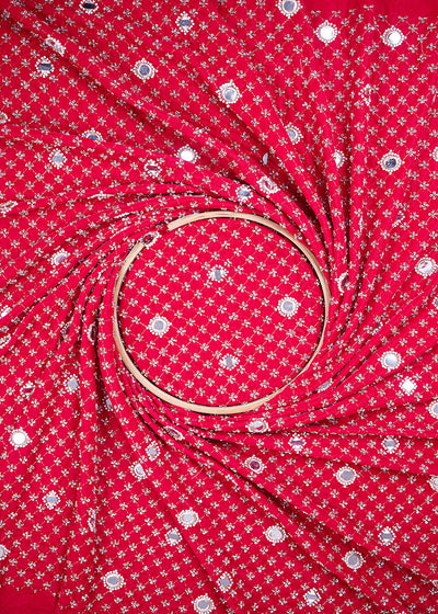 Rani Pink Velvet Fabric With All Over Zari, Sequins, Katdana, Bead And Faux Mirror Work 25119