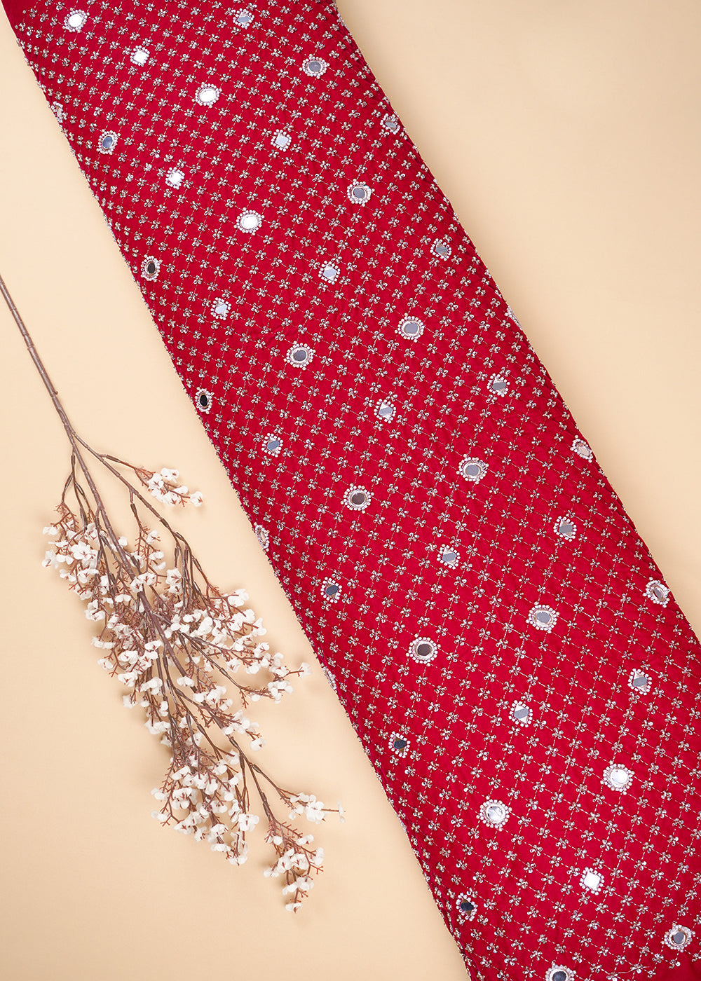 Rani Pink Velvet Fabric With All Over Zari, Sequins, Katdana, Bead And Faux Mirror Work 25119