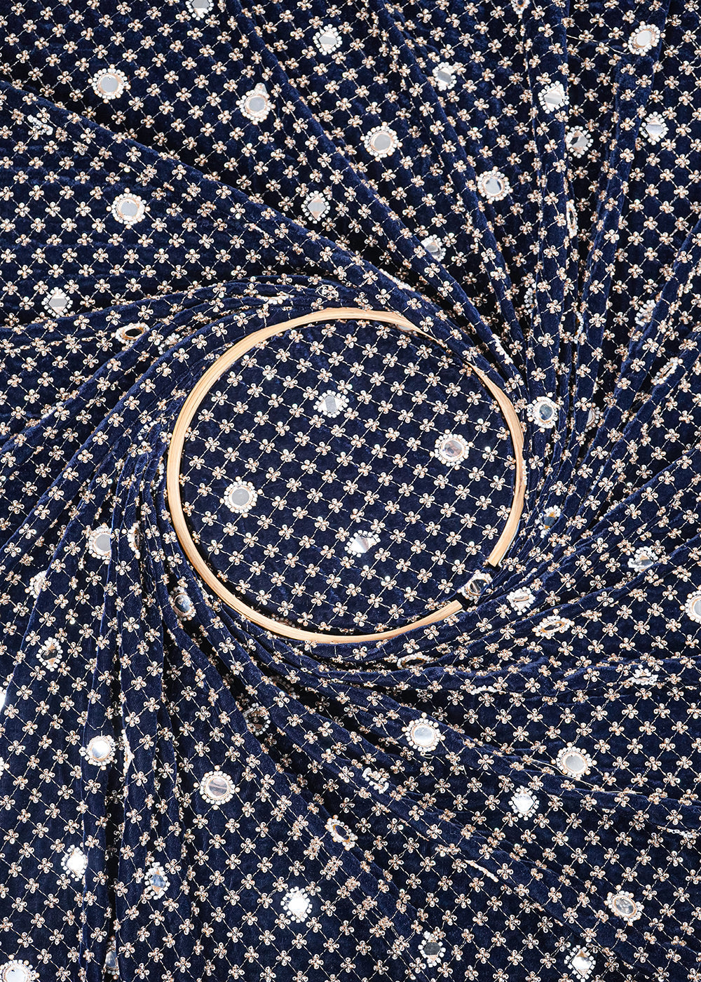 Navy Blue Velvet Fabric With All Over Zari, Sequins, Katdana, Bead And Faux Mirror Work 25120