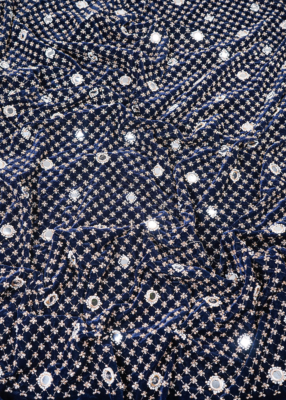 Navy Blue Velvet Fabric With All Over Zari, Sequins, Katdana, Bead And Faux Mirror Work 25120