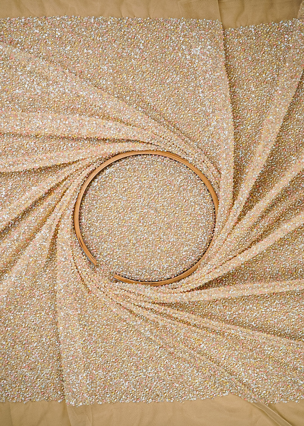 Beige Imported Net Fabric With All Over Sequins And Katdana Work 25125