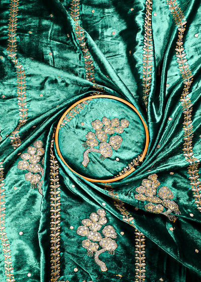 Teal Green Velvet Fabric With All Over Zari And Sequins Work 25138