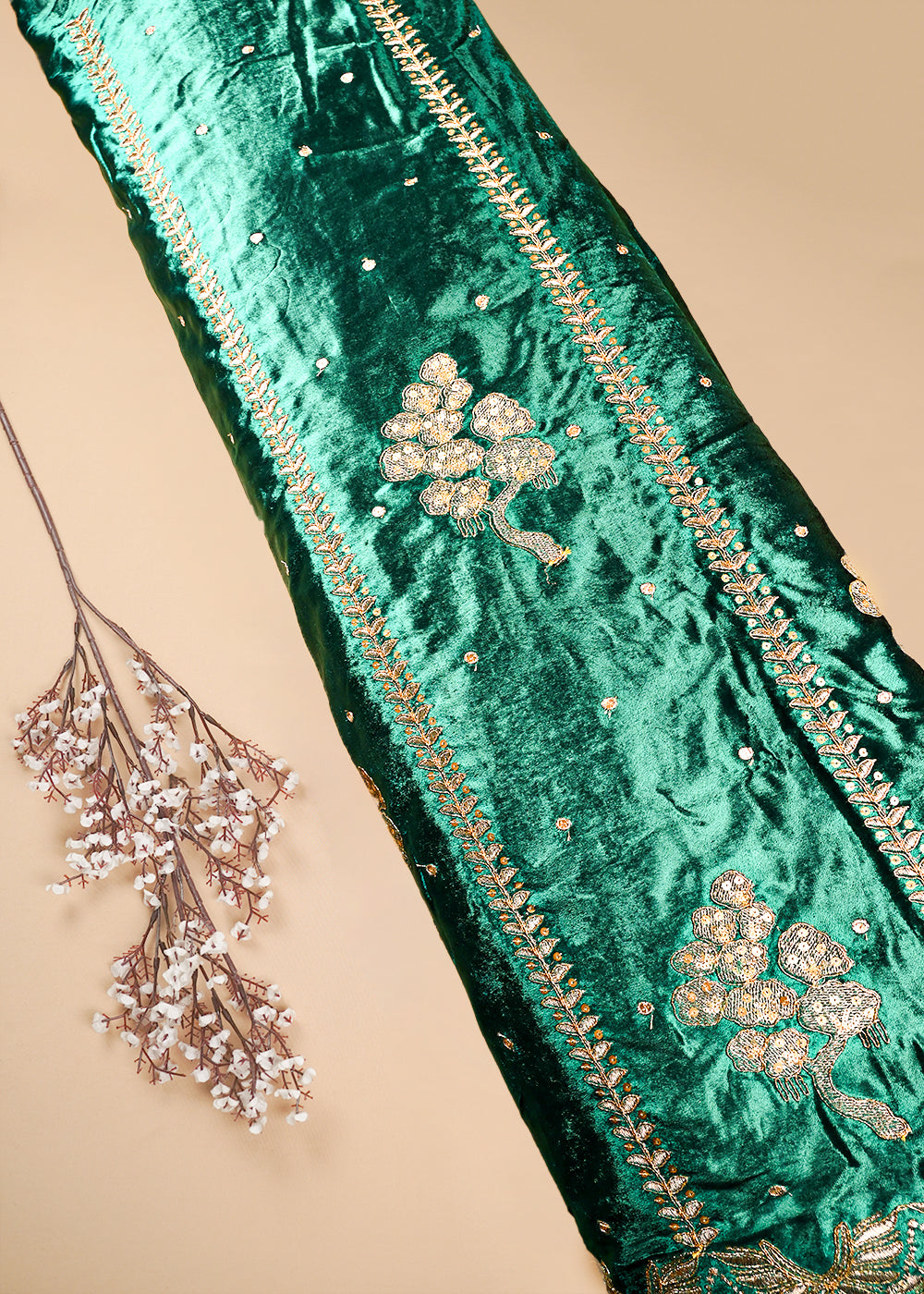 Teal Green Velvet Fabric With All Over Zari And Sequins Work 25138