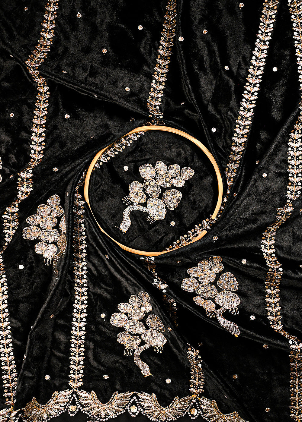 Black Velvet Fabric With All Over Zari And Sequins Work 25139
