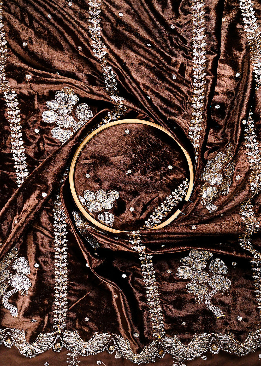 Brown Velvet Fabric With All Over Zari And Sequins Work 25140